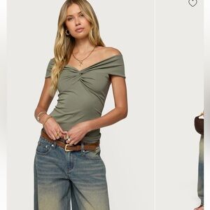 Twisted Front Off Shoulder Top Olive - Size L - NWT